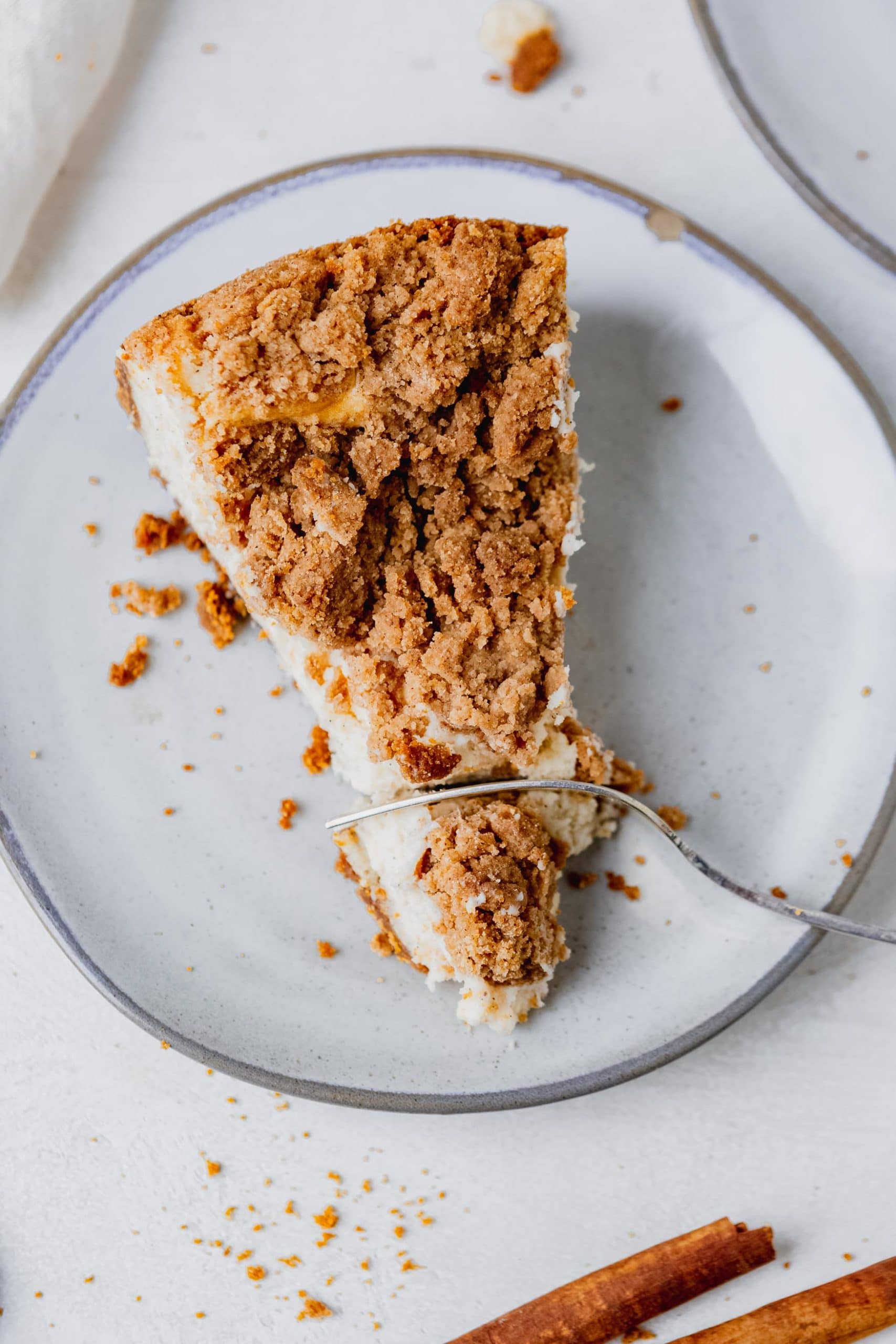 A slice of biscoff snickerdoodle cheese cake on a white dessert plate. The cheesecake has a snickerdoodle, cinnamony topping.