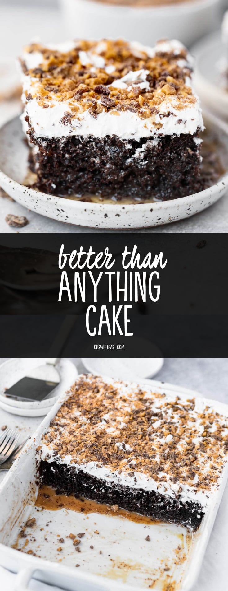 A piece of better than anything cake with chocolate cake with caramel and topped with cool whip and a crunchy topping