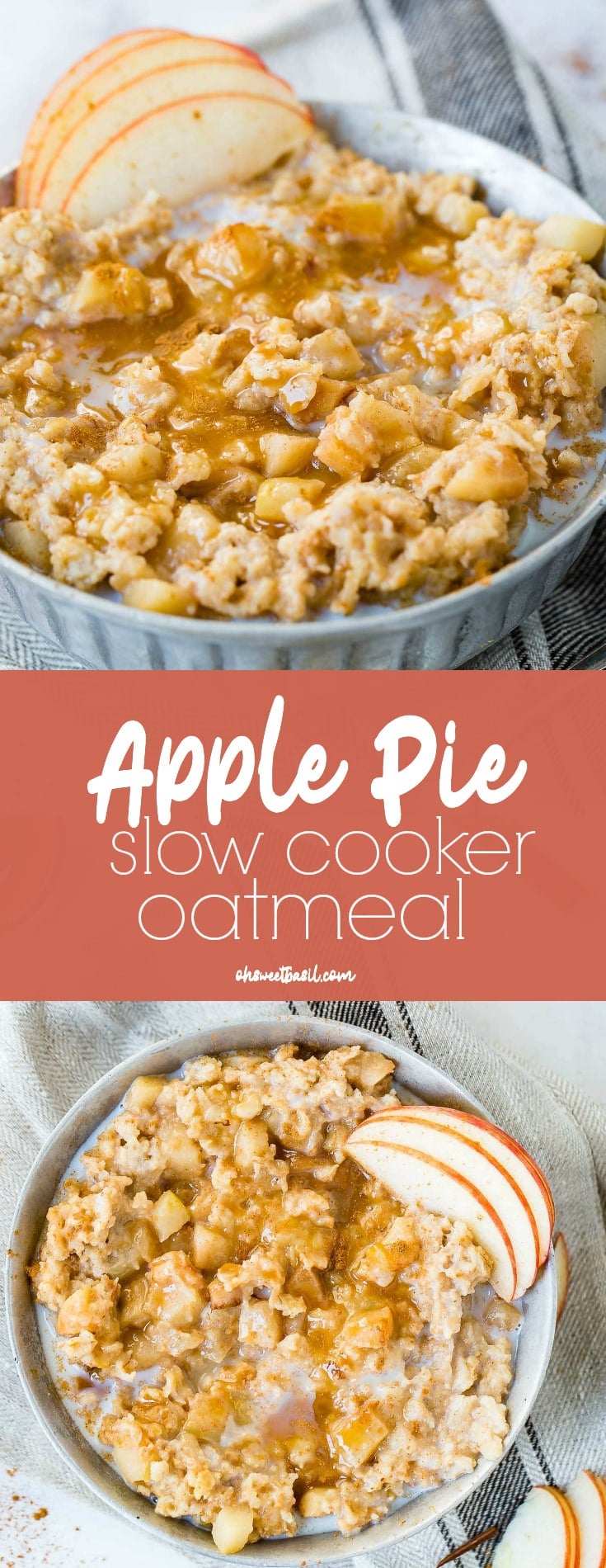 A photo of a bowl of oatmeal full of apple chunks and topped with caramel and thin apple slices.