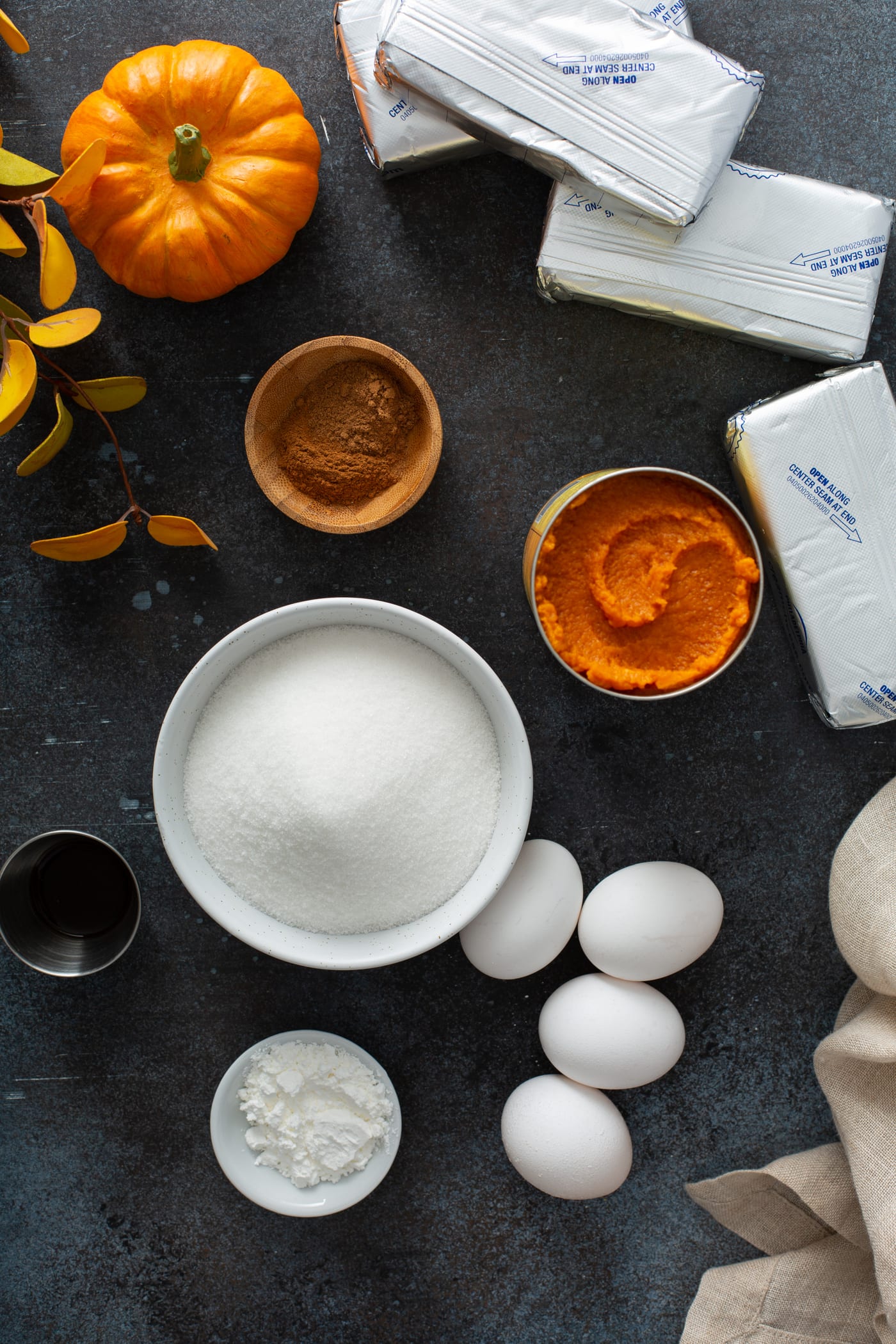 Ingredients for swirled pumpkin cheesecake. There is sugar, eggs, pumpkin, cinnamon, cream cheese, and vanilla.