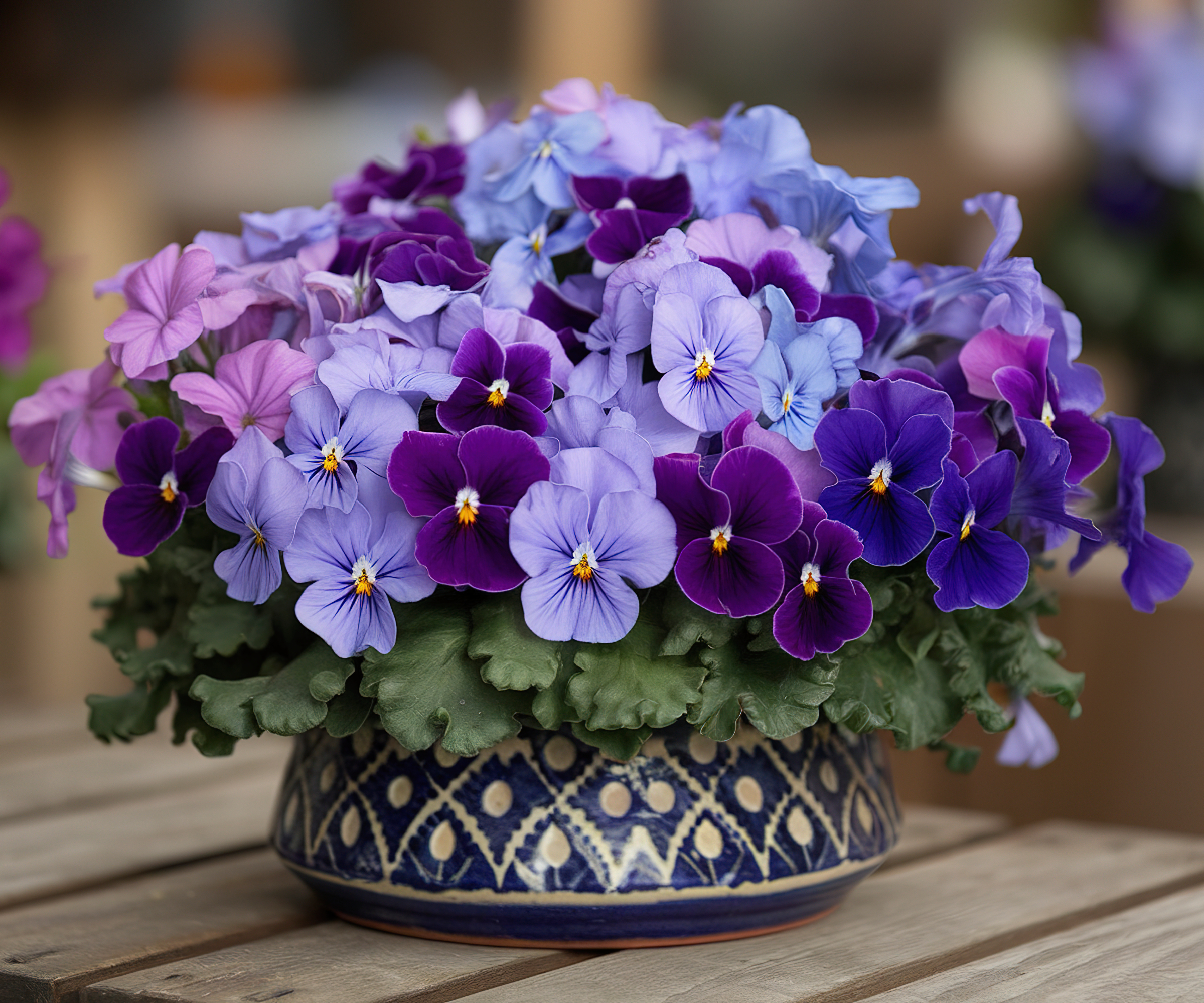 Bright blue and purple pansies in patterned ceramic planter