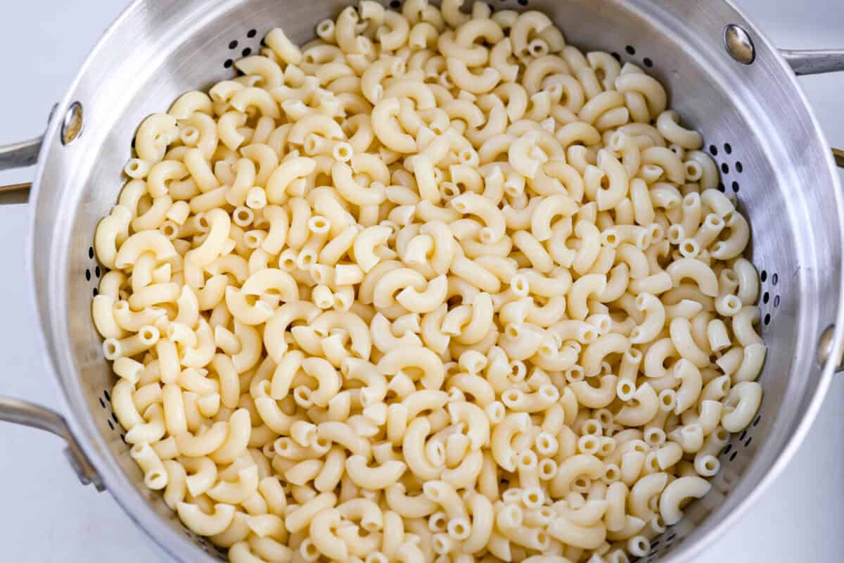 Colander full of cooked macaroni noodles. 