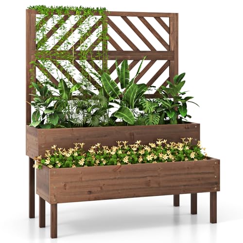 Toolsempire Raised Garden Bed With Trellis & 2 Planter Boxes, 2-Tier Outdoor Wooden Elevated Planter Box With Legs & Drainage Holes, Gardening Planters for Flowers, Herbs, Vegetables & Fruits(brown)