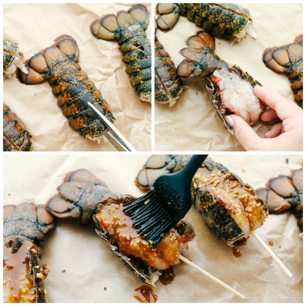Steps to butterfly the lobster tail and marinate.