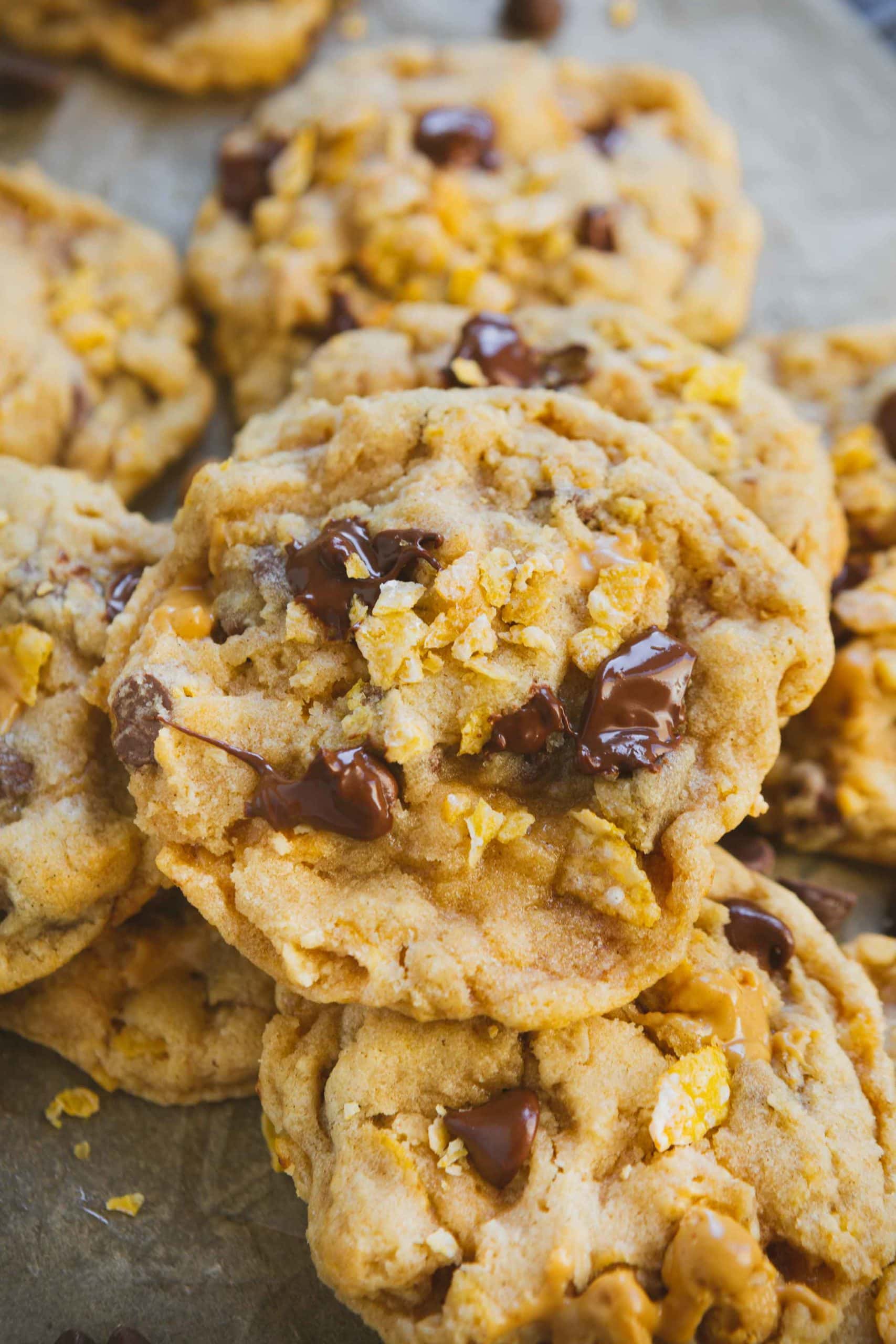 a stack of cowboy cookies with melty chocolate and peanut butter chips.