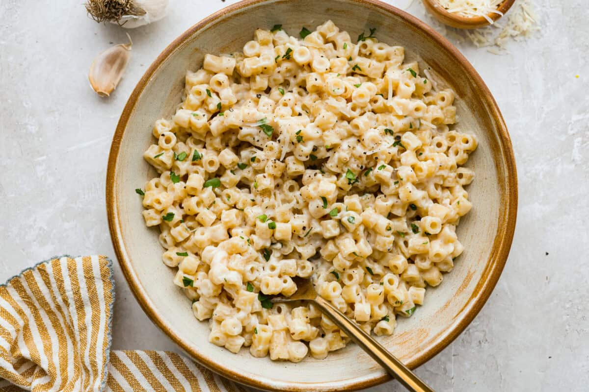 Bowl of Ditalini pasta with a gold fork.