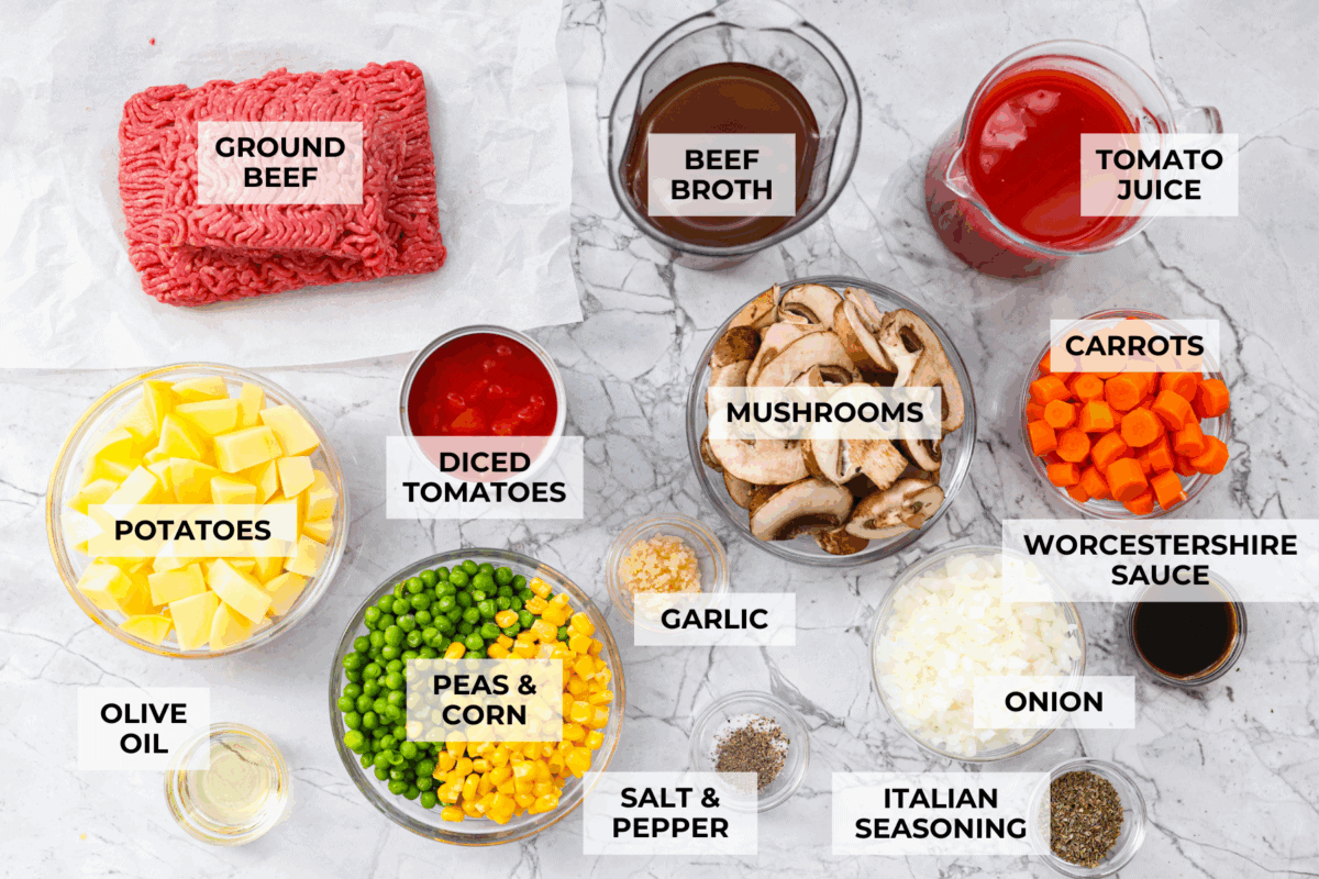 Overhead shot of labeled ingredients. 