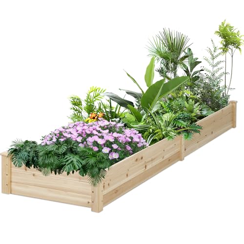 Patiomore 8 Feet Outdoor Wooden Raised Garden Bed, Elevated Planting Planter Box Kit for Vegetables Fruits Grow Yard Gardening, Natural