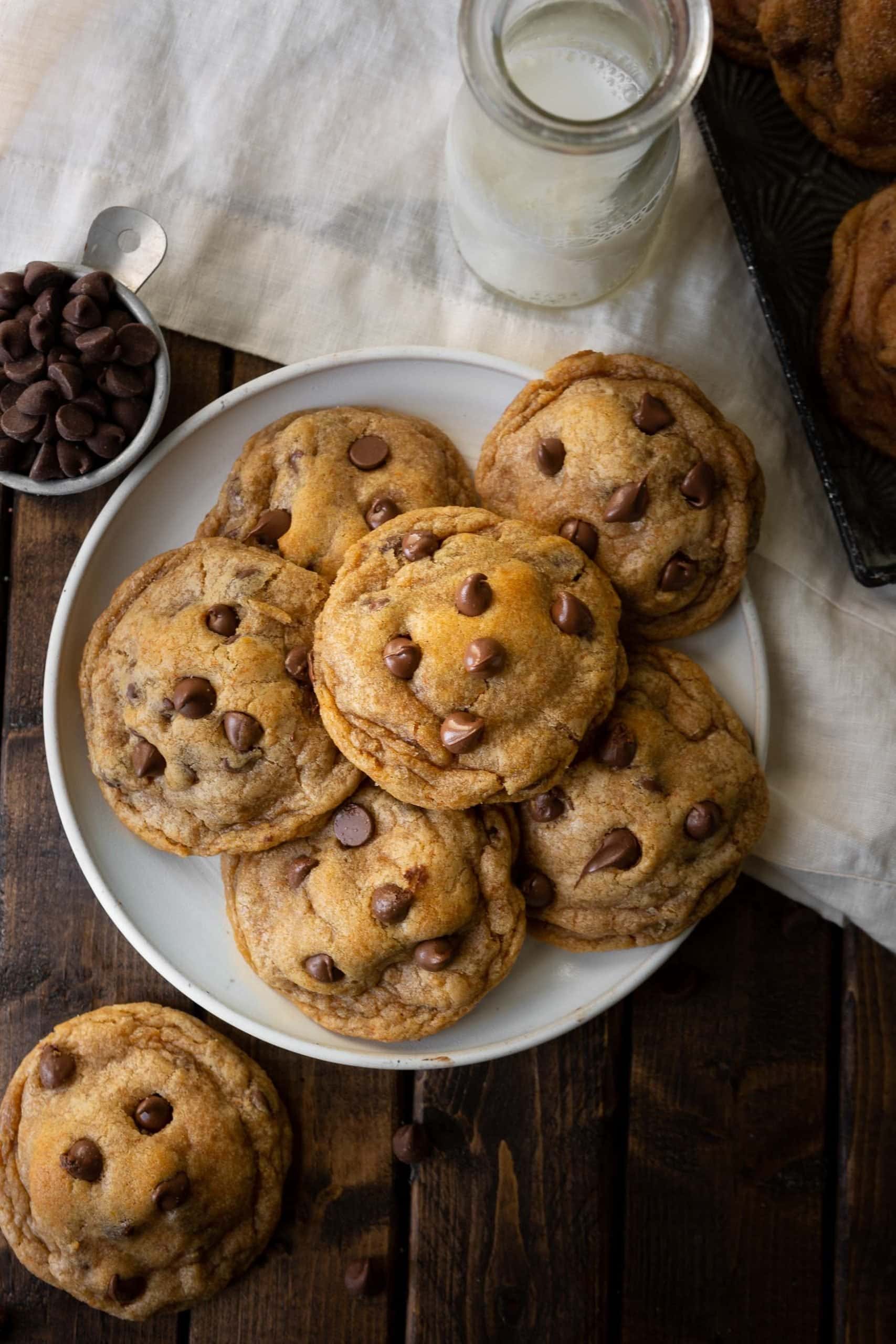 a photo of a plate full of pumpkin pudding cookies topped with chocolate chips.