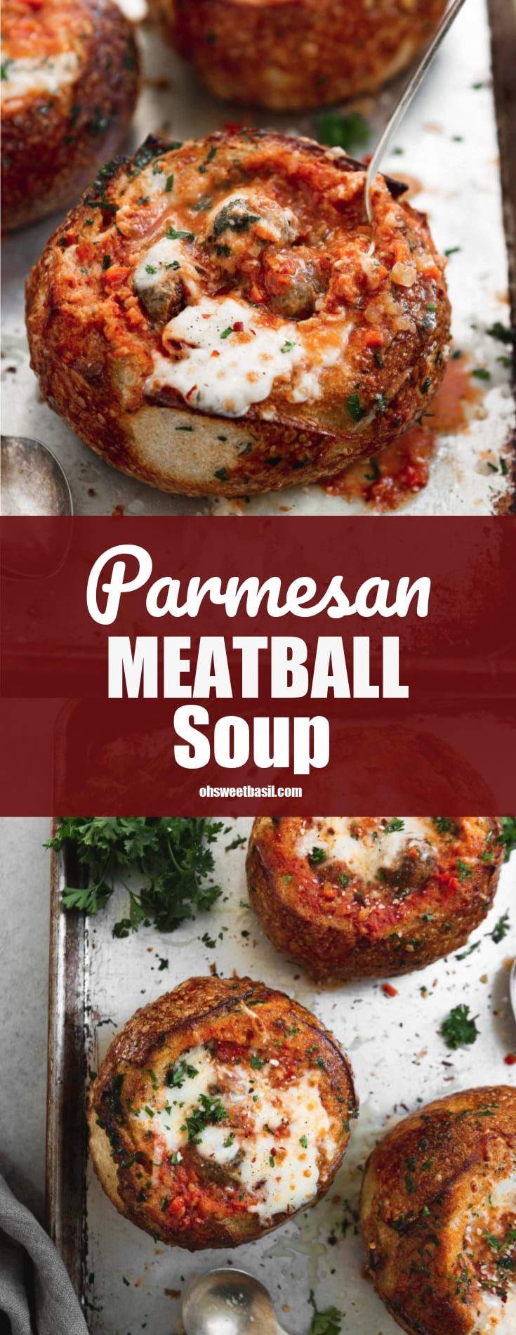 A bread bowl filled with parmesan meatball soup. The bread bowl and soup have been baked to a perfect toasty brown and the cheese on top is gooey melted perfection.