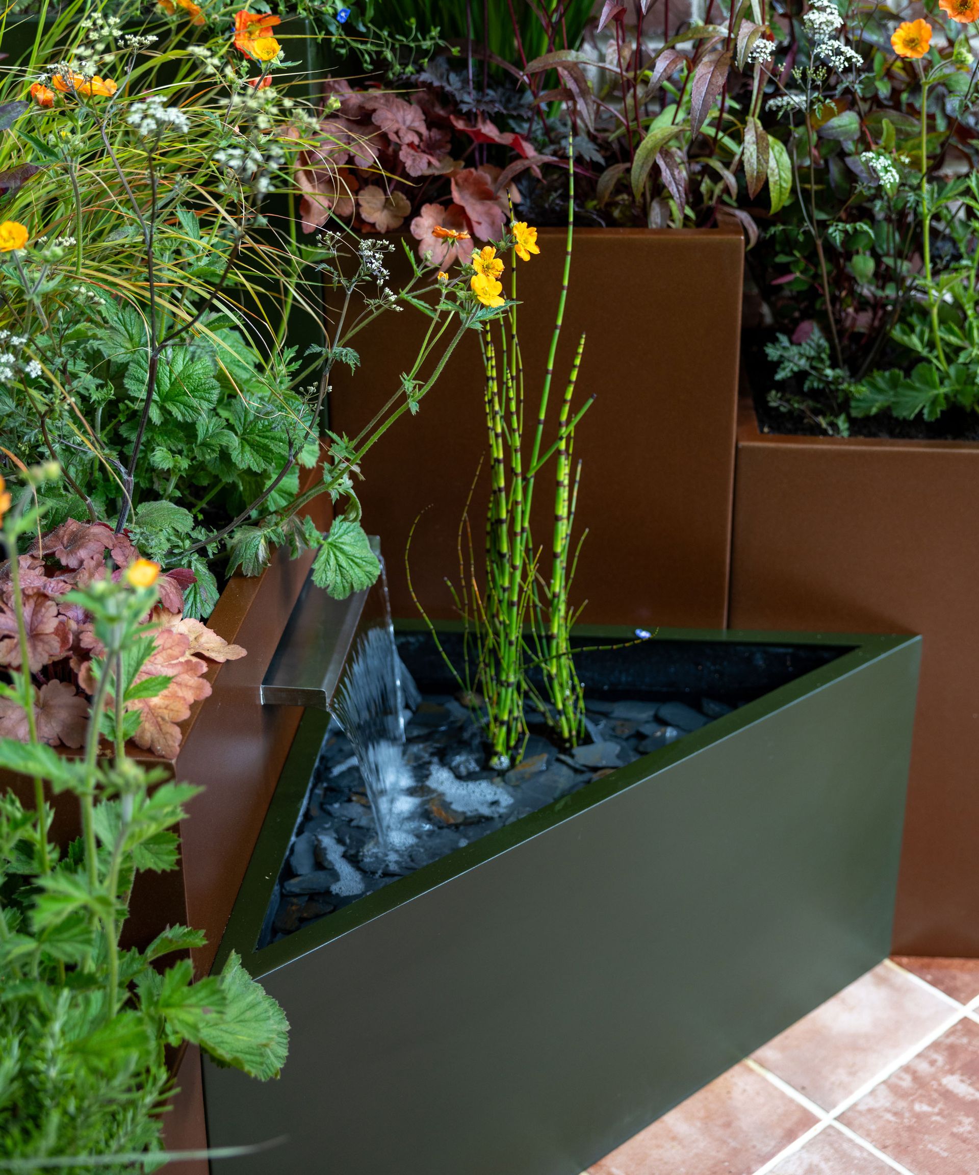 triangular raised bed with plants, positioned in front of more raised beds planted with summer flowers such as geum and heuchera