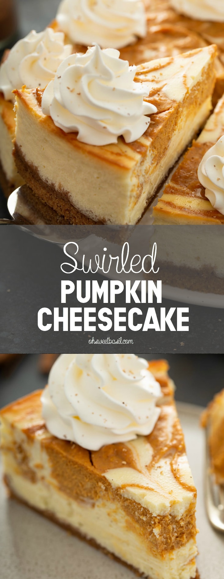 A slice of swirled pumpkin cheesecake on a plate with a fork. The rest of the cheesecake is in the background.