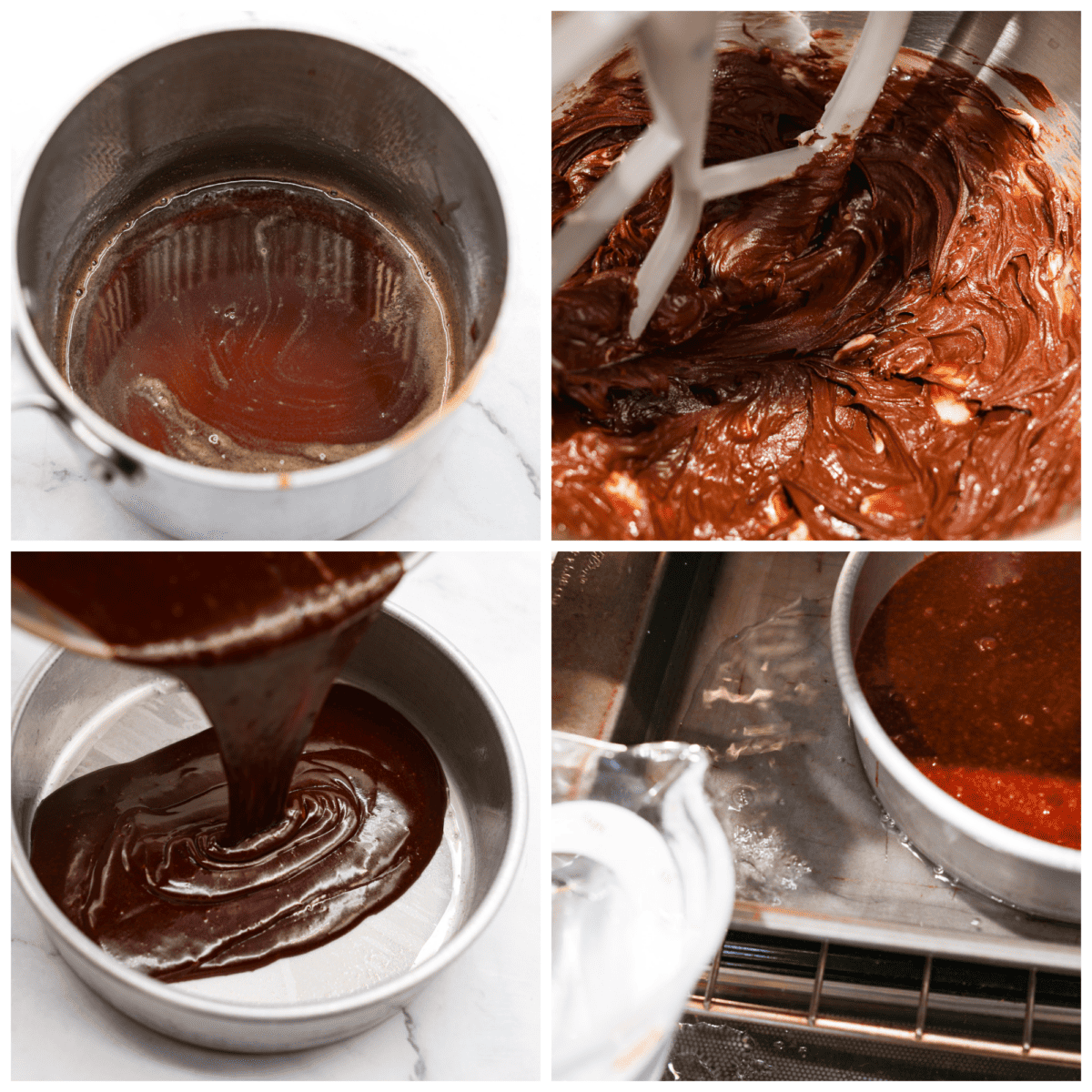 4-photo collage of the cake batter and water bath being prepared.