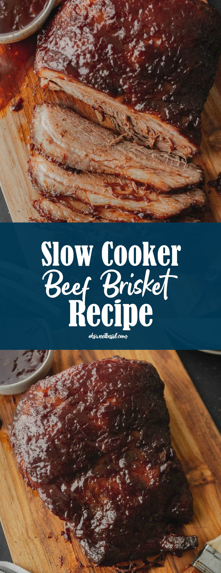 A BBQ brisket that has been sliced. The brisket is glazed with BBQ sauce.