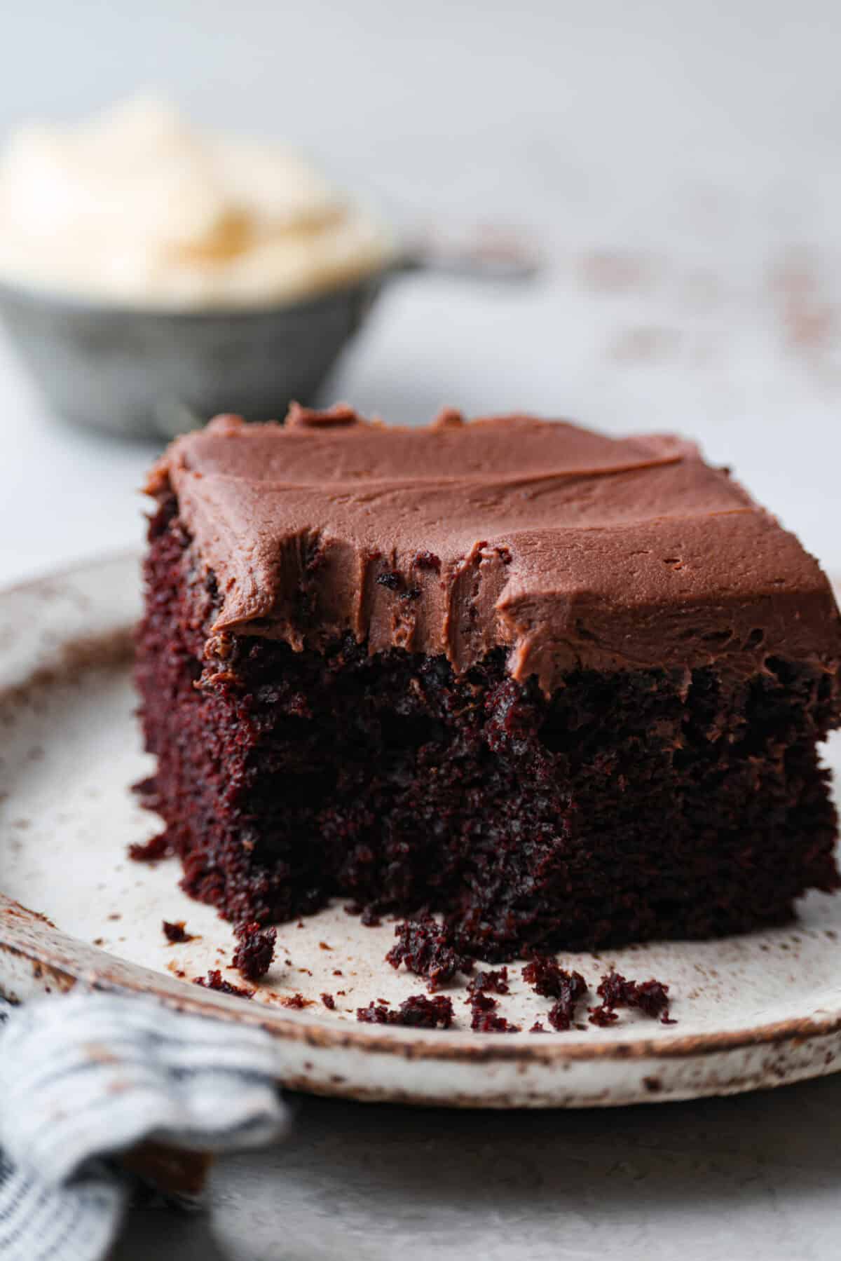 Angle shot of a plated piece of chocolate mayonnaise cake with a bite taken out. 