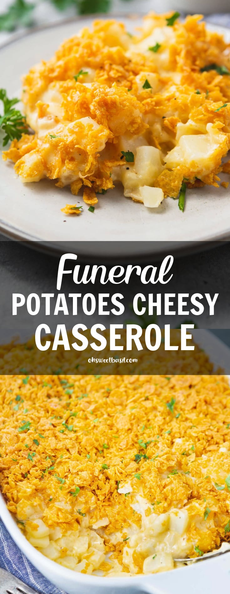 a photo of a serving of cheesy potato casserole on a white plate with golden crunchy topping.