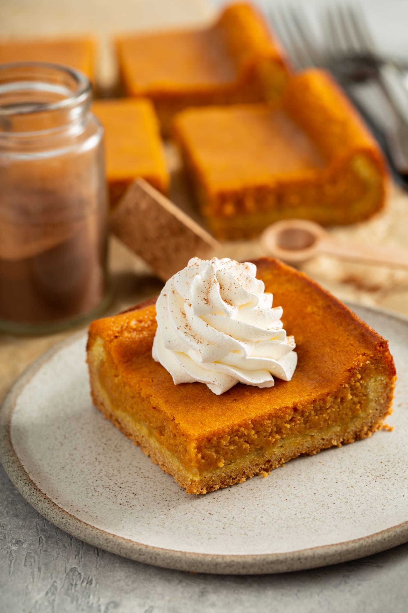 A dessert plate with a slice of pumpkin gooey butter cake topped with whipped cream and sprinkled with cinnamon. In the background is a glass container of cinnamon, a cork top and a wooden spoon with a little cinnamon in it. There are pieces of pumpkin cake too.