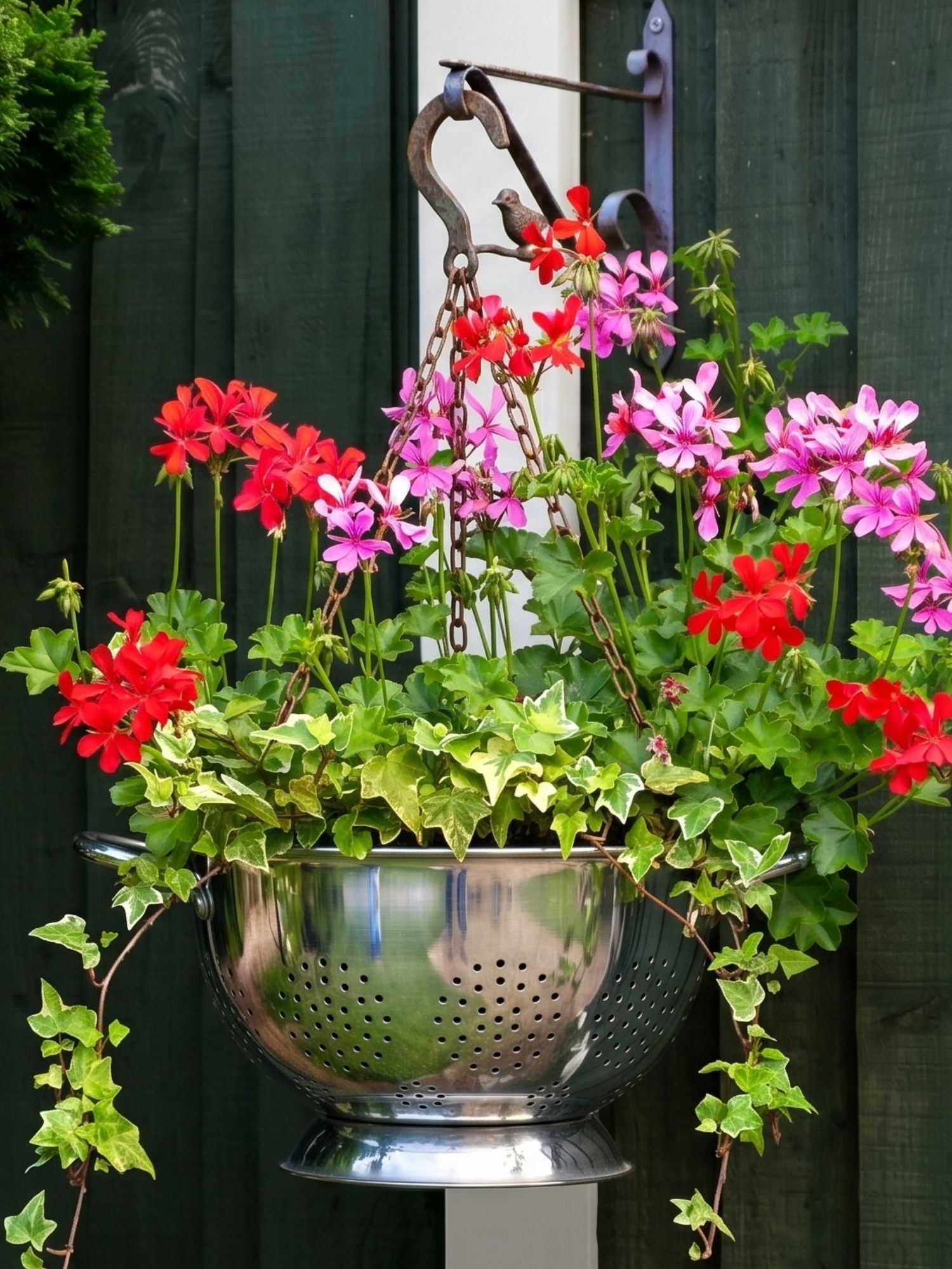 A hanging basket of beautiful pretty Ivy Geranium perennial plant (otherwise known as Pelargonium peltatum) blooming with vibrant red, pink and purple flowers