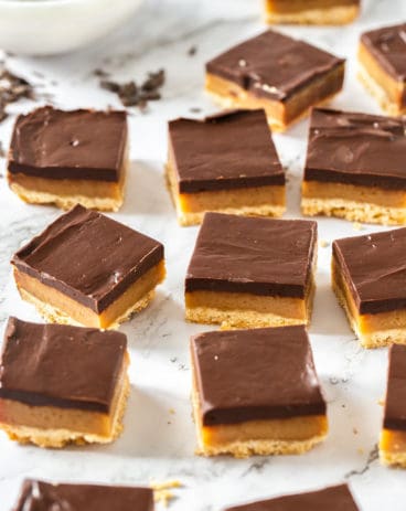 Close up of a batch of sliced up millionaire shortbread