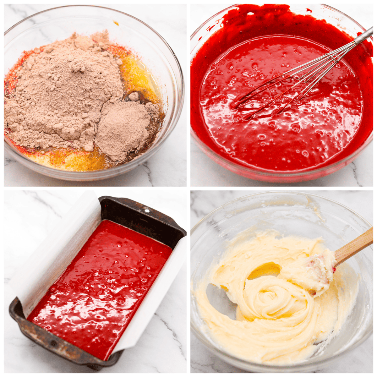 First photo of the cake mix, pudding,  and wet ingredients added to a large bowl. Second photo of the batter mixed with a whisk. Third photo of the batter in a loaf pan. Fourth photo of the cream cheese glaze.