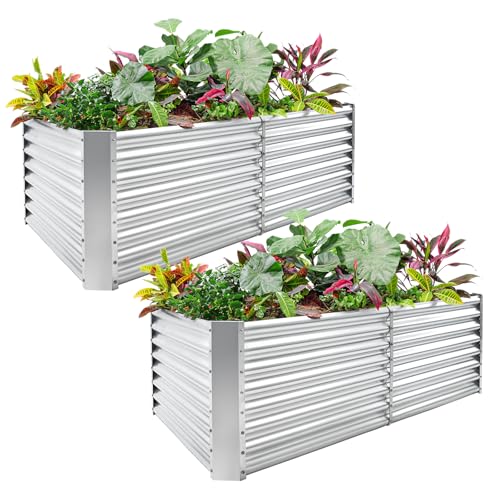 Land Guard 2 Pack 6×3×2 Ft Galvanized Metal Raised Garden Bed, 2ft Deep Root Elevated Planter Box Steel Large Vegetable Flower Bed Kit, Silver