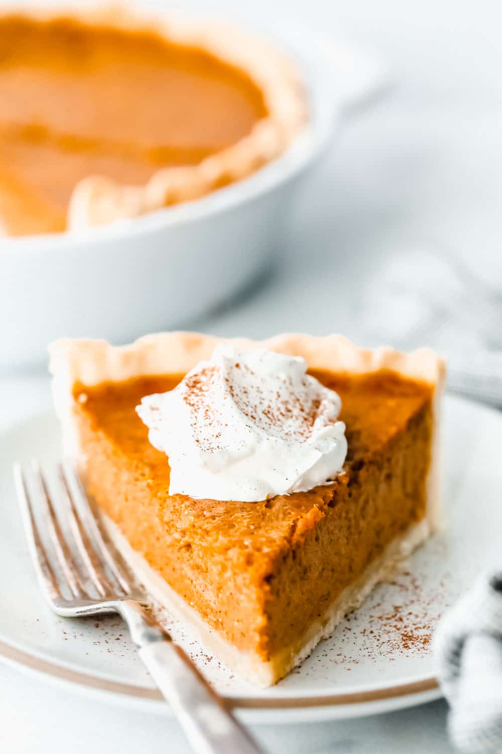 A slice of pumpkin pie with whipped cream