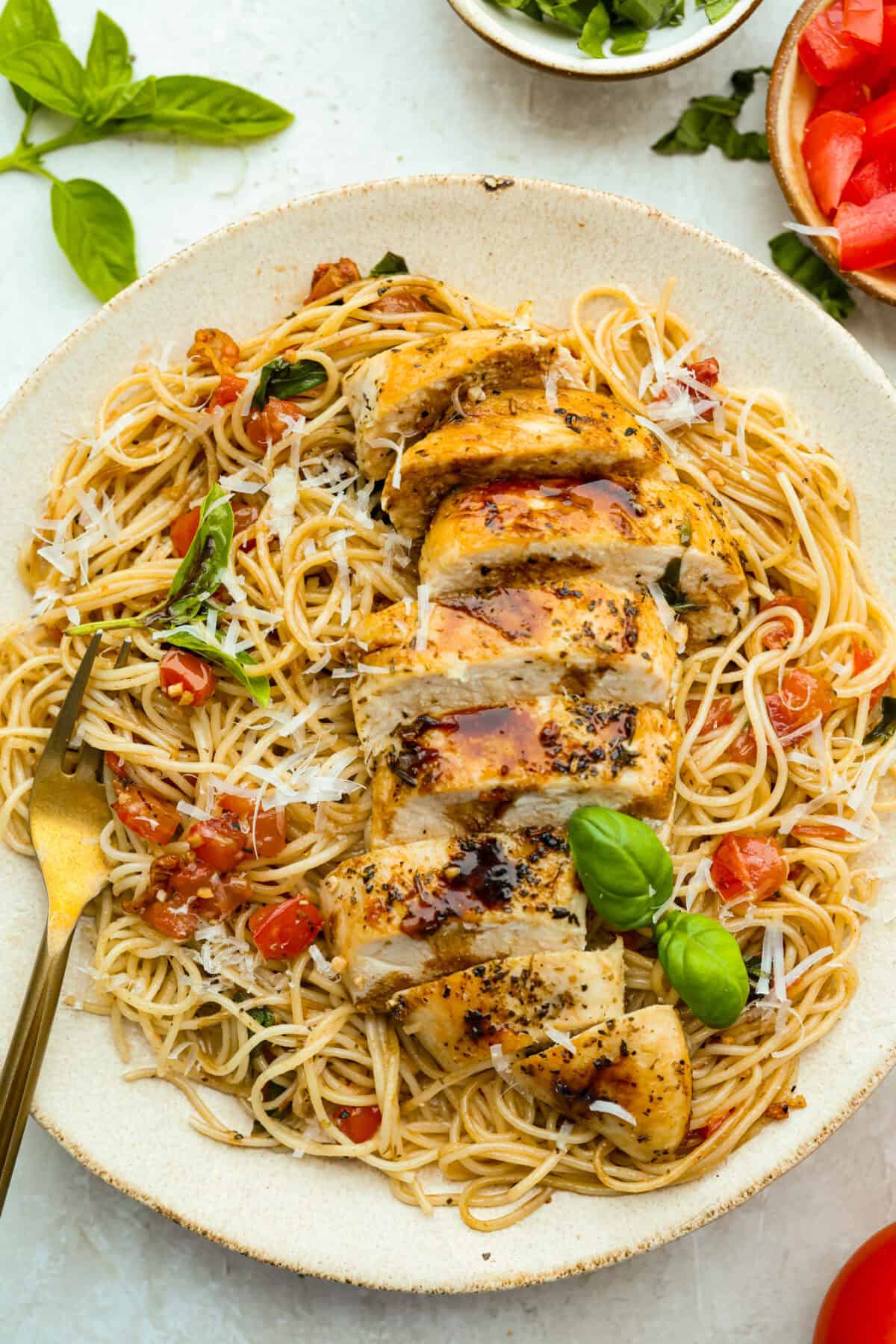 Plated bruschetta chicken pasta.