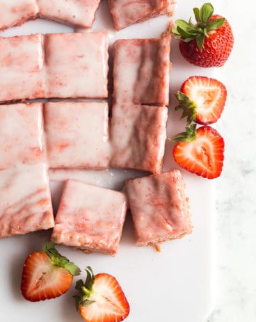 strawberry brownies cut in squares overhead