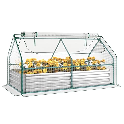 Miory Raised Garden Bed With Pe Cover, 6x3x1 Ft Galvanized Planter Box Outdoor With Greenhouse Cover, 2 Large Zippered Screen Windows for Vegetables, Flowers, Includes Labels & Gloves