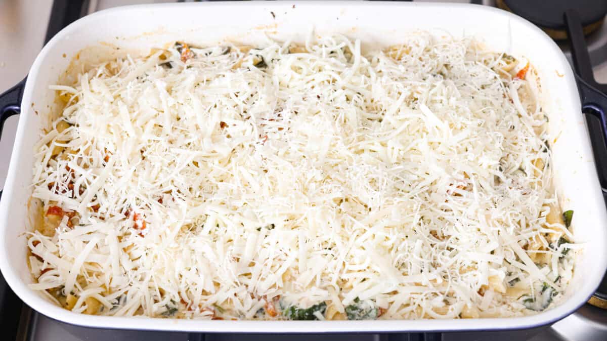 Cheese added to the top of the casserole. 