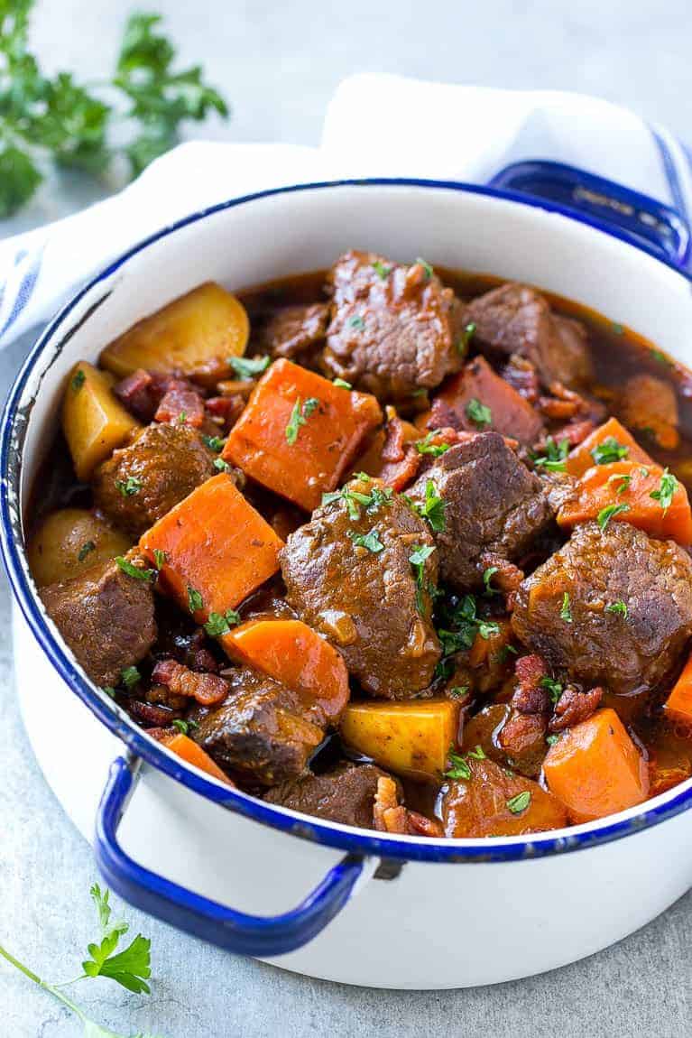 This beef stew is full of tender meat, colorful veggies and plenty of smoky bacon. A one pot meal that's perfect for cold weather! This beef stew is full of tender meat, colorful veggies and plenty of smoky bacon. A one pot meal that's perfect for cold weather!