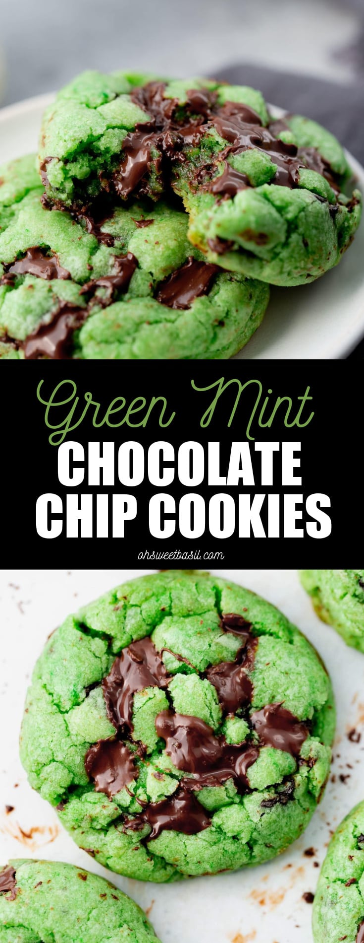 a close up photo of green mint chocolate chip cookie.