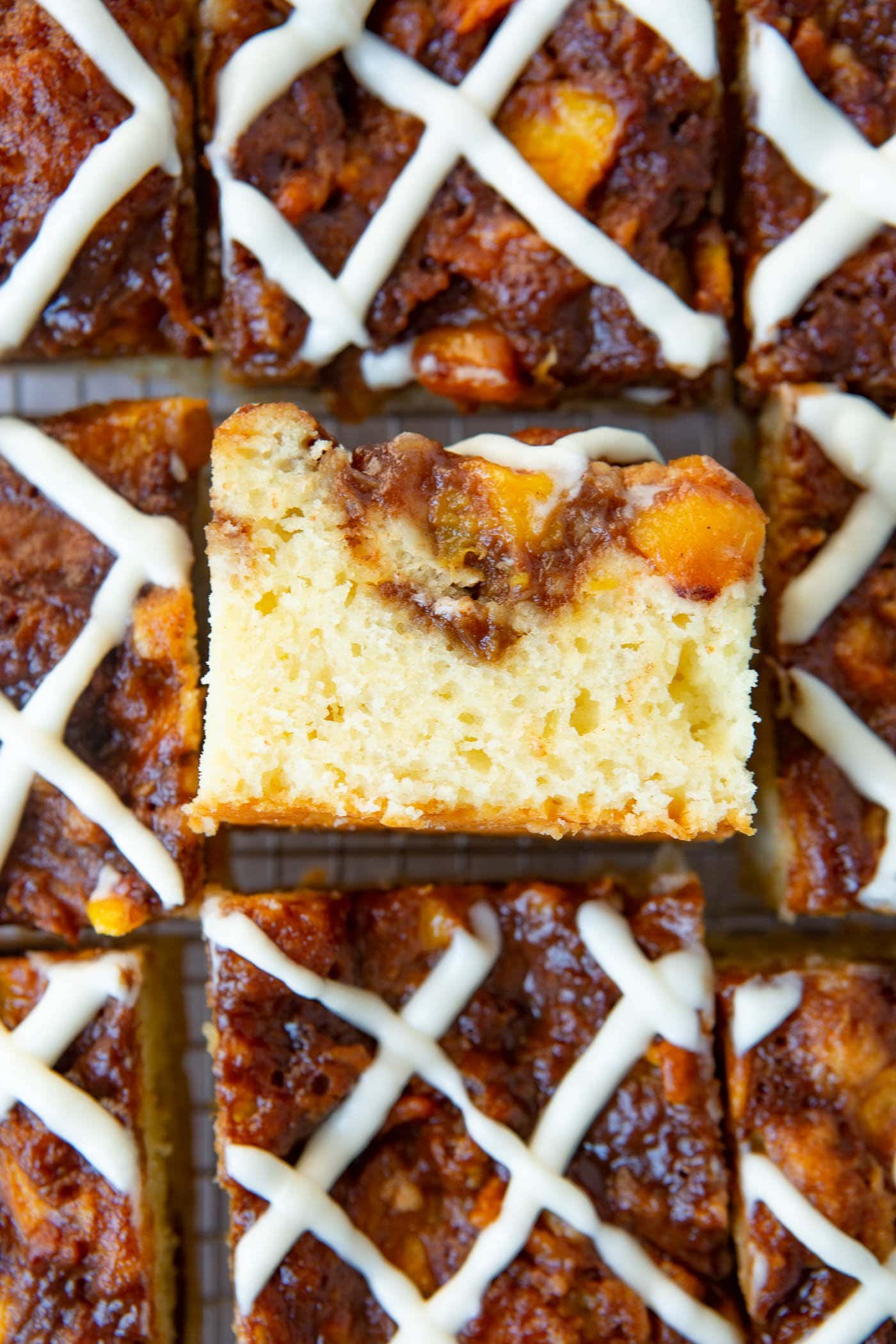 a photo of several pieces of coffee cake taken from above with one piece turned on it's side