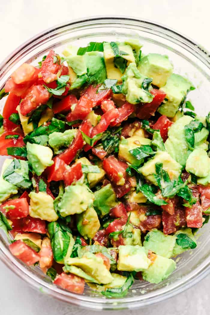 Avocado Chicken salsa in a clear bowl.