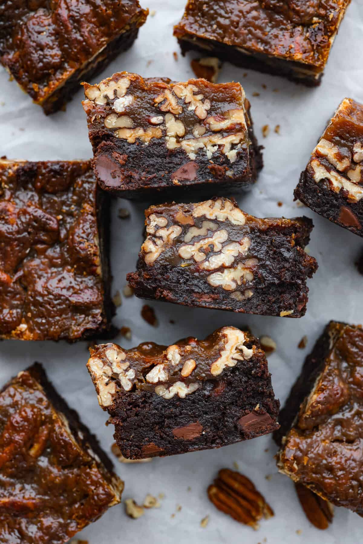 Hero image of pecan pie brownies, cut into squares.