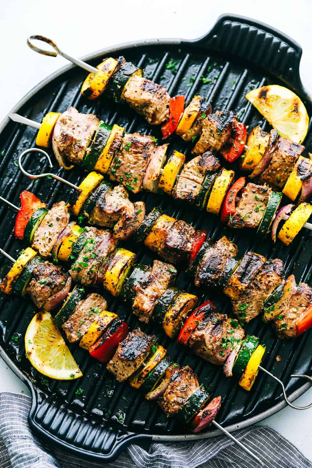 Grilled Tuscan Pork Skewers on a grill pan.