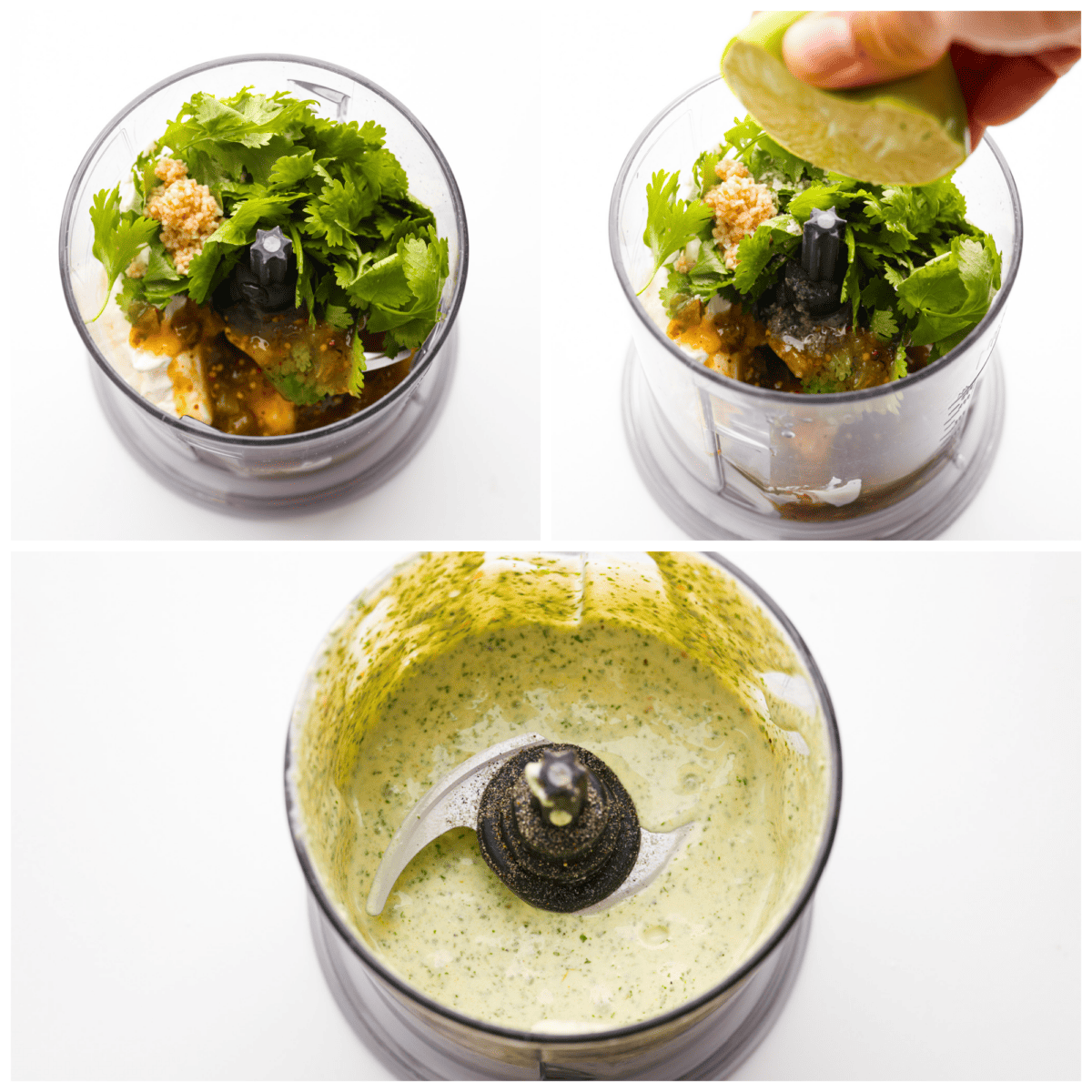 3-photo collage of the ingredients being added to a blender.