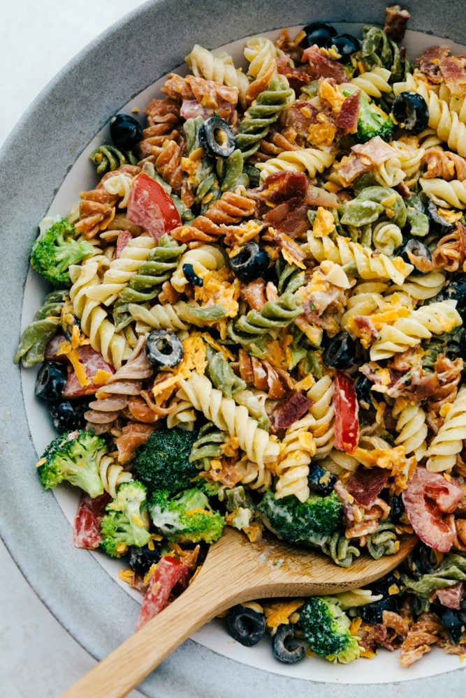 Bacon Ranch Pasta salad on a plate.