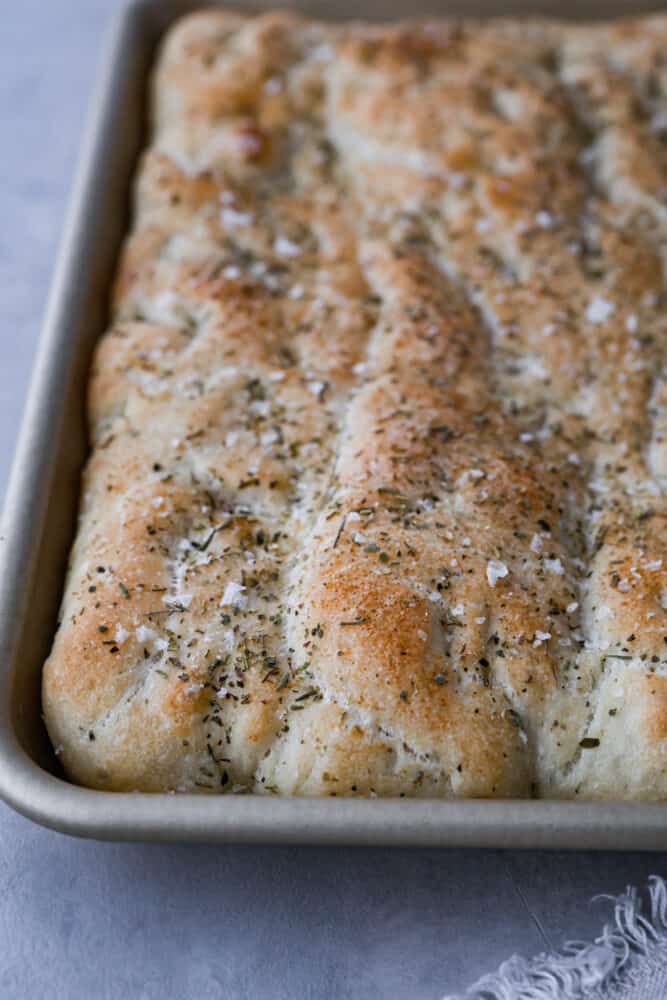 A close up on the focaccia bread.