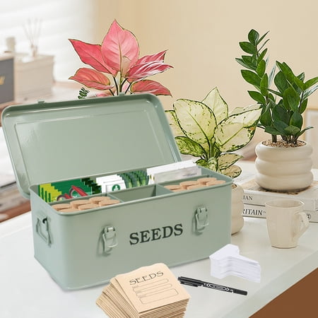 Pethiy Metal Seed Storage Box With Safety Lock, 4-Section Organizer With 20 Plant Labels & 30 Seed Envelopes, Gardening Gift Set - Green