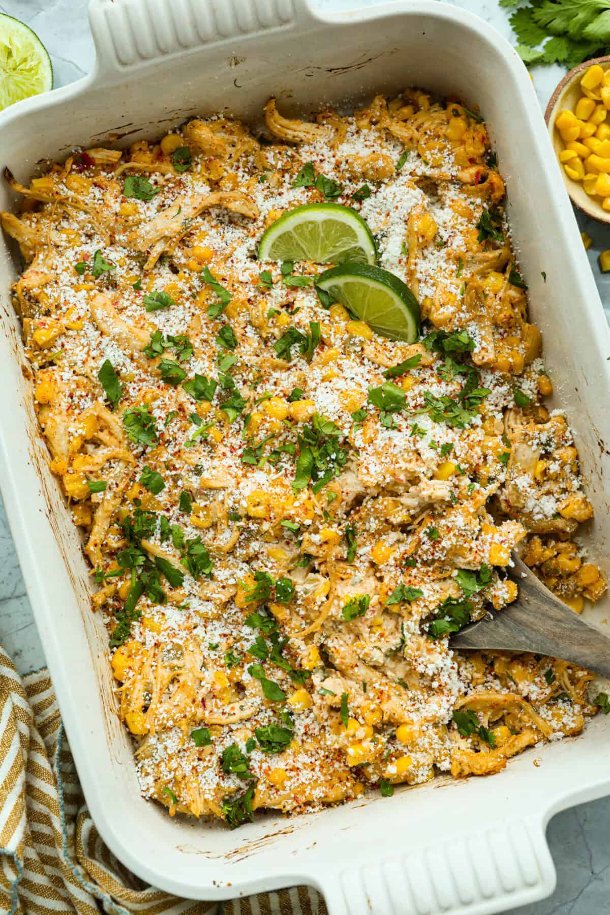 Top down shot of the Mexican street corn chicken casserole all ready to eat!