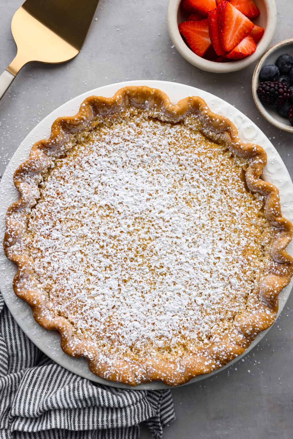 Top-down view of a whole buttermilk pie.