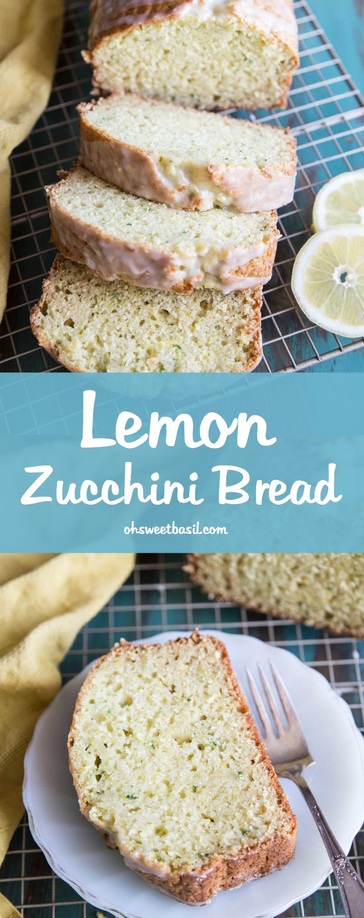 Sliced lemon zucchini bread on a wire rack