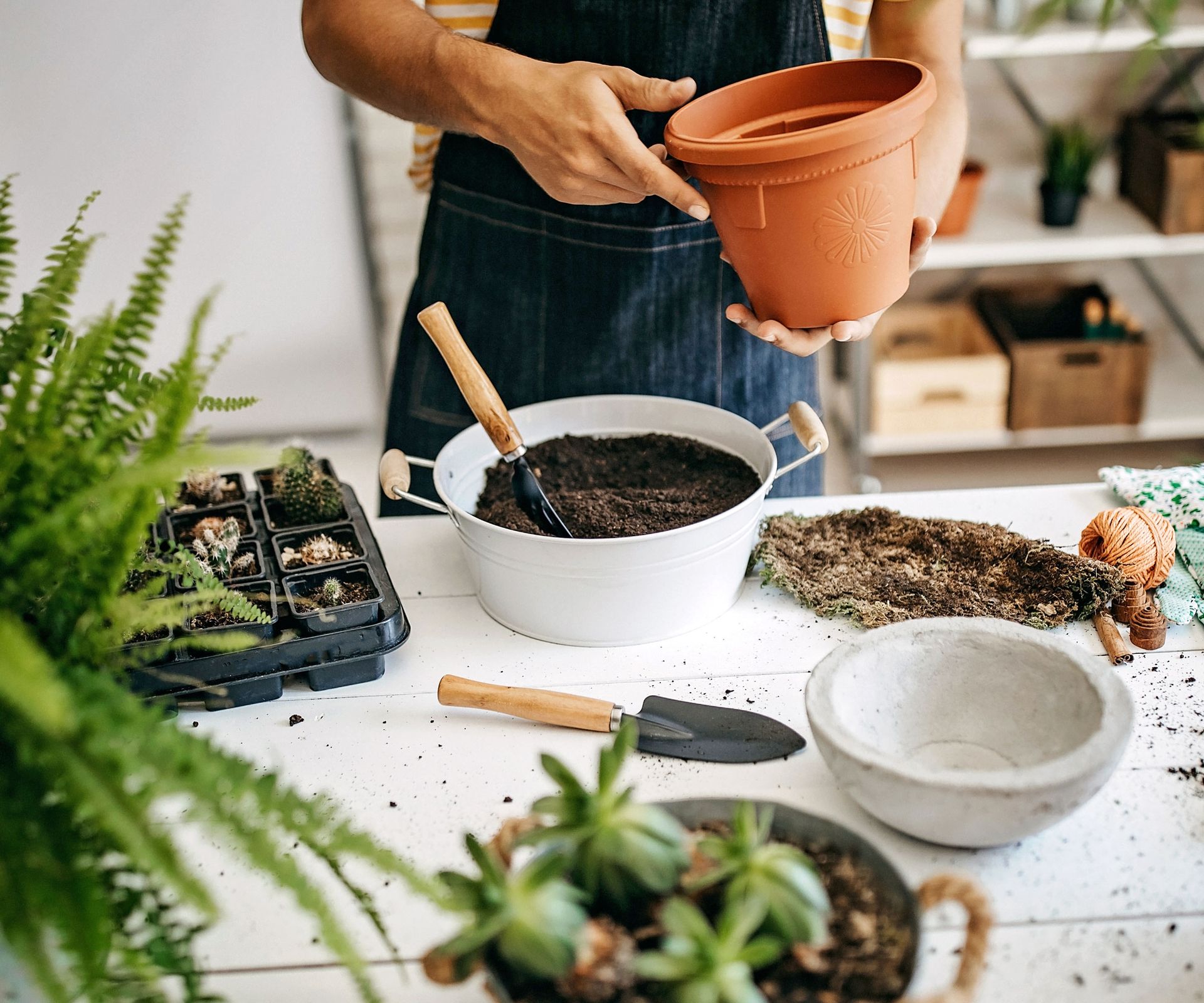 person holding orange plastic plant pot over table with trowel and bowls of potting mix