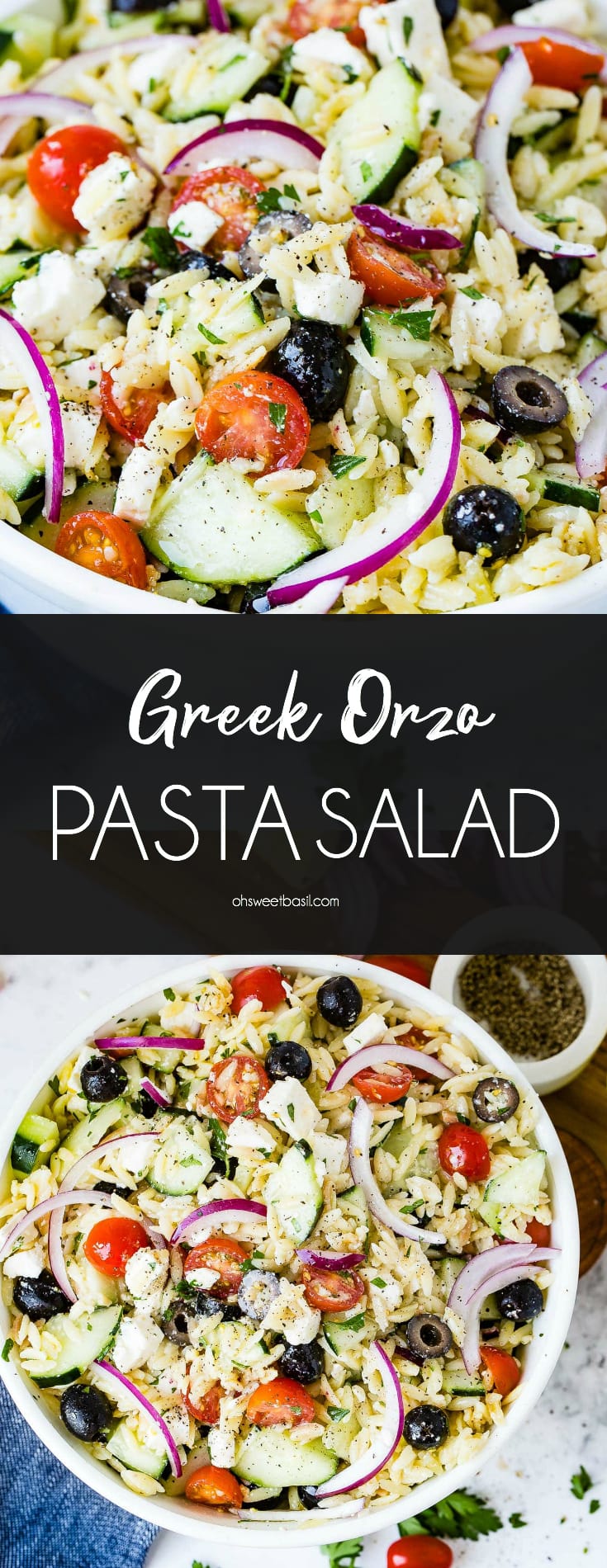 A white bowl of Greek orzo pasta salad with red onion, cherry tomatoes, feta cheese, cucumbers and black olives.