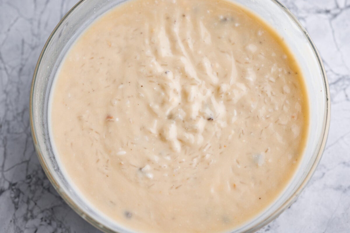 Bowl with all of the sauce ingredients mixed together. 