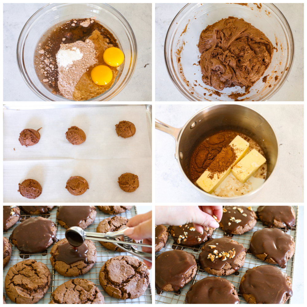 6-photo collage of cookie batter being prepared, shaped, and baked.