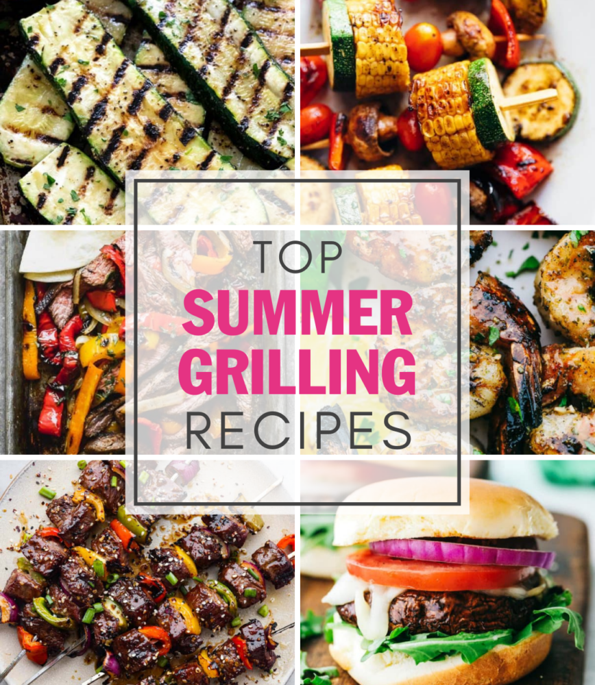 A collage of 6 grilling recipes with the text on top that says Top Summer Grilling Recipes