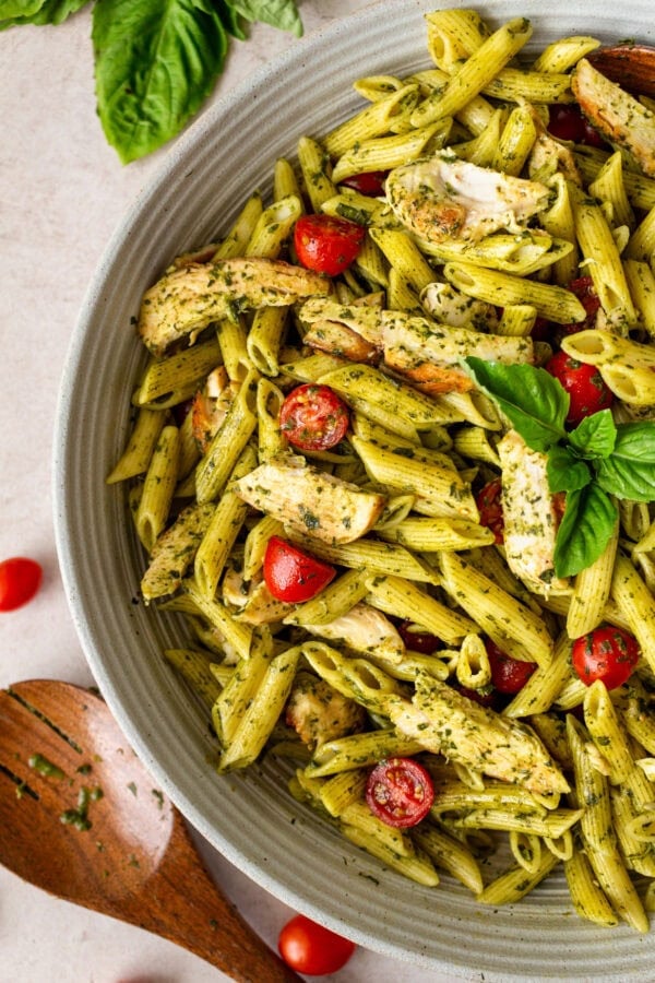 a photo of a large serving bowl full of cooked penne pasta tossed with sliced chicken breasts, sliced grape tomatoes, and fresh basil.