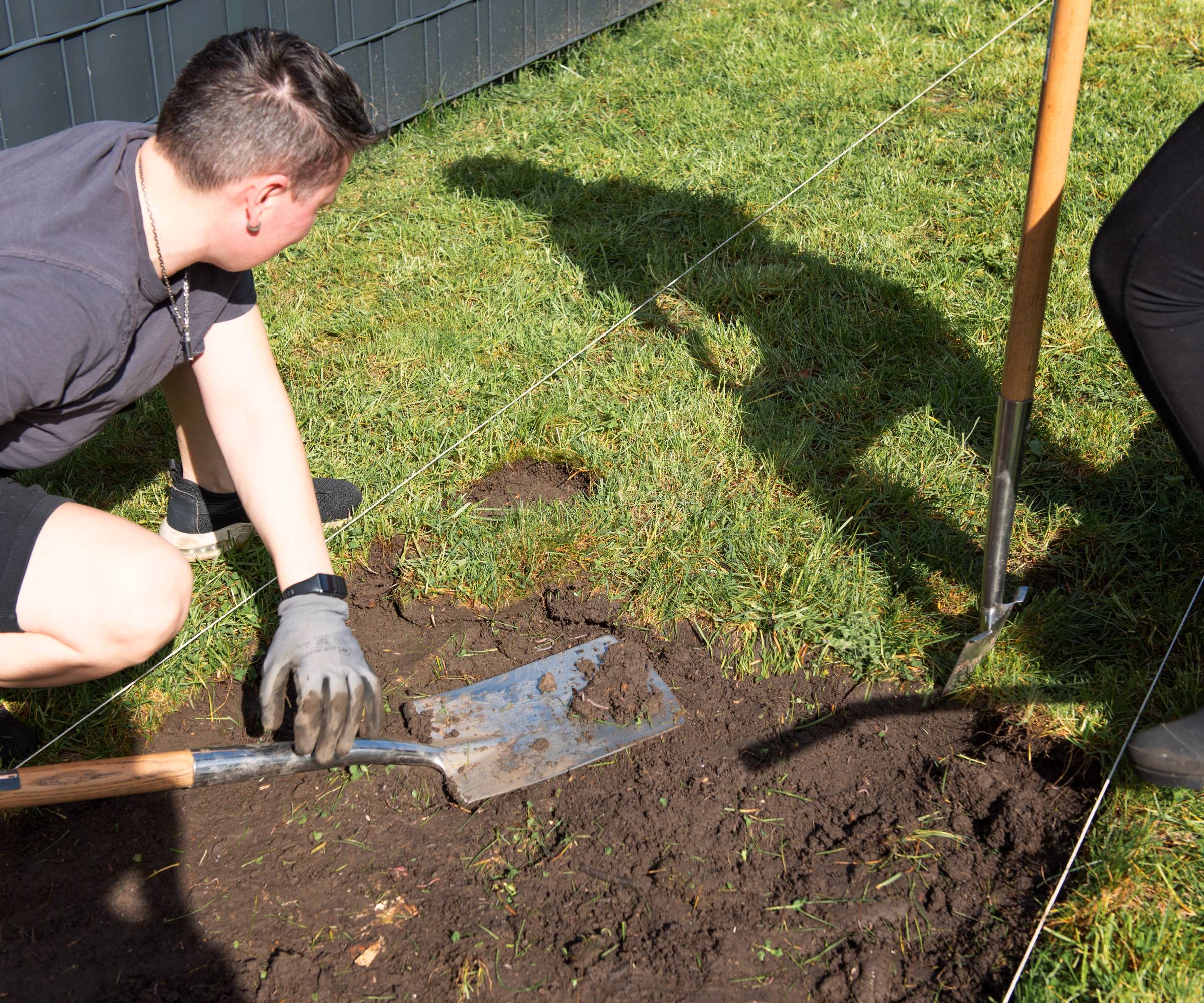 A person digging up grass from a lawn in an area marked off by string. Lawn removal